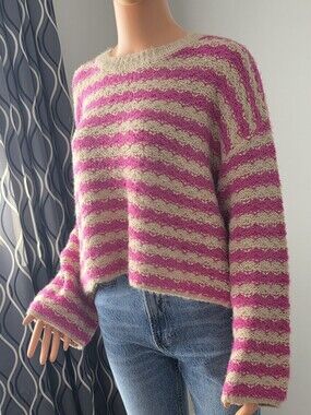 Pink and Cream Striped Crew Sweater
